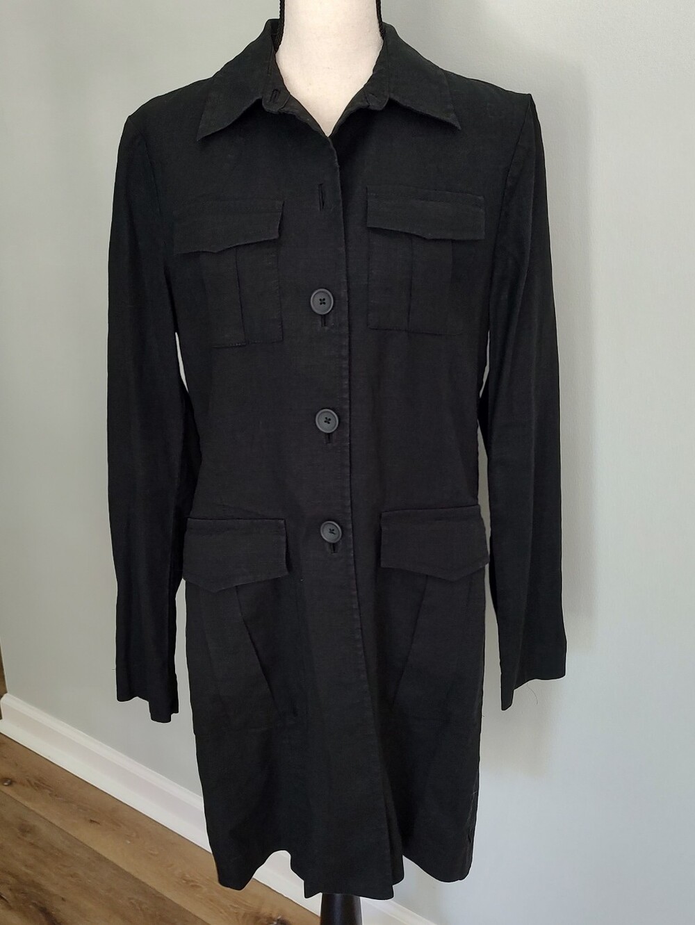 Banana Republic Heritage Utility Linen Blend Black Safari Stretch Shirt Dress 12